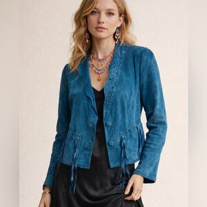 CHI Carlos Falchi Blue Suede Jacket S Laser Cut Trim Boho Western Artwear